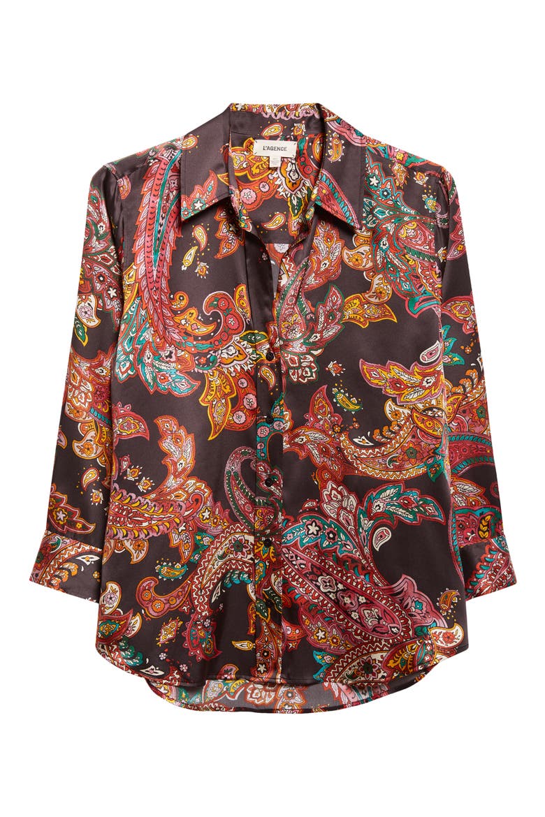 Dani Paisley Three-Quarter Sleeve Silk Button-Up Shirt, Alternate, color, BLACK MULTI PAISLEY SCROLL
