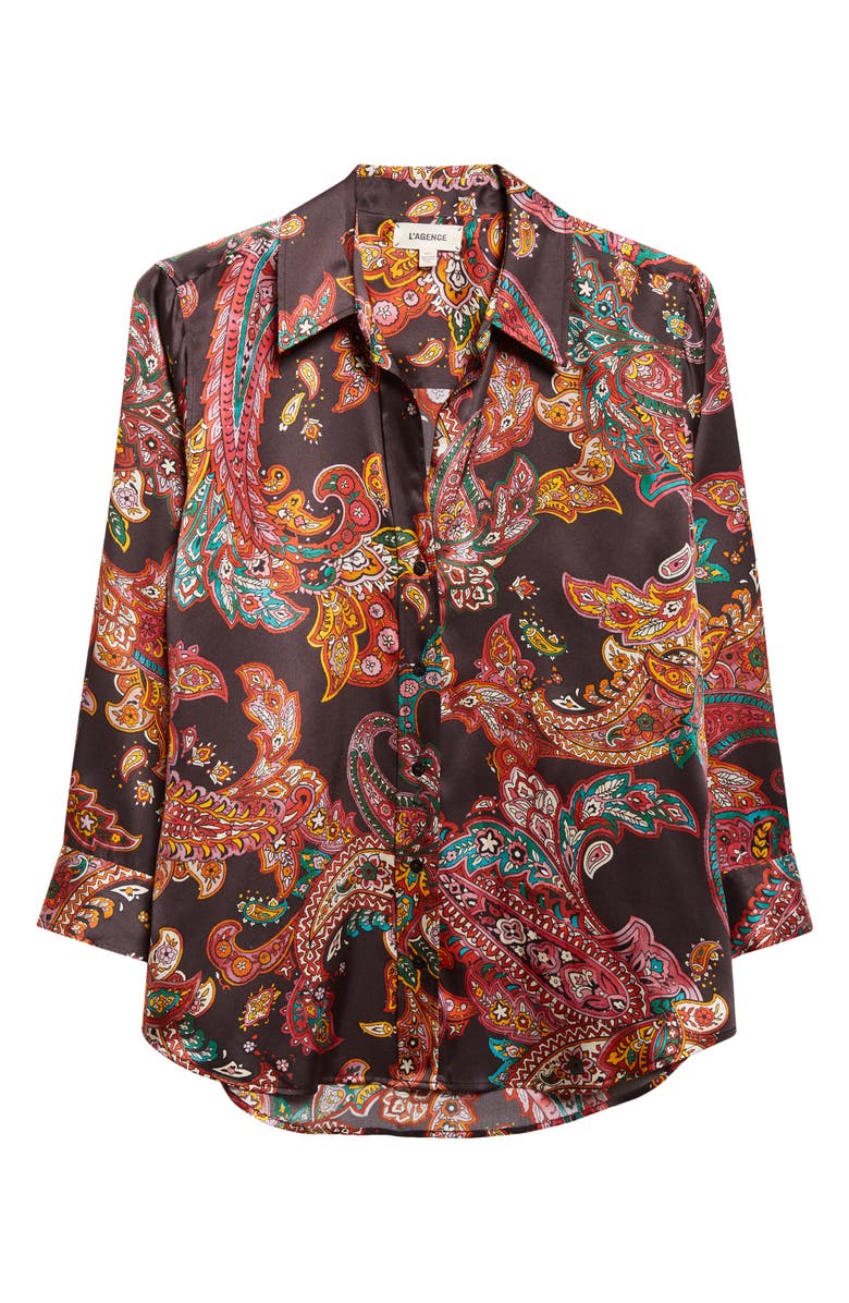 L'AGENCE Dani Paisley Three-Quarter Sleeve Silk Button-Up Shirt, Alternate, color, Black Multi Paisley Scroll