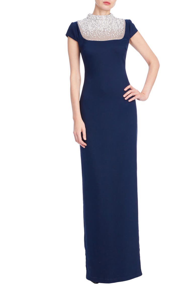 Pearl Neckline Crepe Gown, Main, color, NAVY