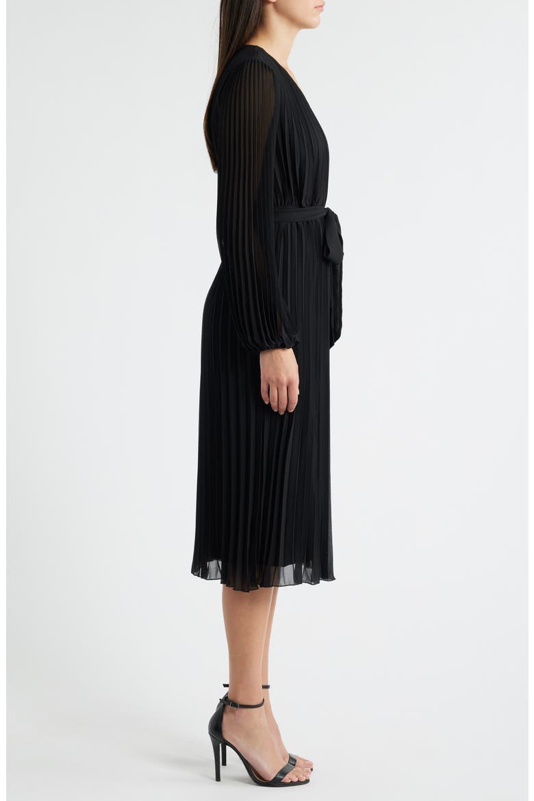 Pleated Long Sleeve Chiffon Midi Dress, Alternate, color, BLACK