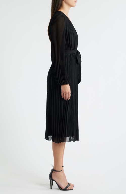 Sam Edelman Pleated Long Sleeve Chiffon Midi Dress In Black