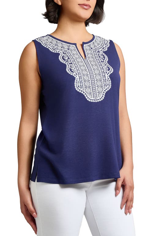 Jones New York Embroidered Split Neck Slubbed Tank In Pacific Navy