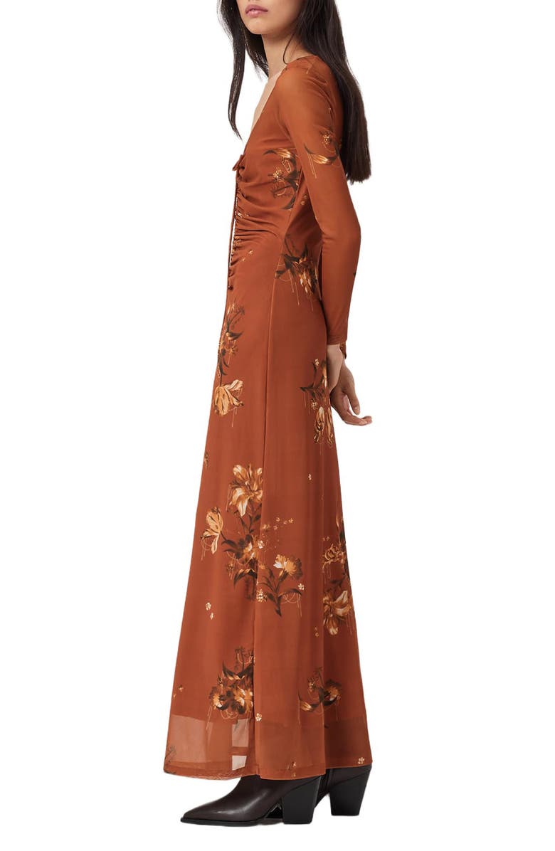 AllSaints Gabby Long Sleeve Mesh Maxi Dress, Alternate, color, Ania Rust Brown