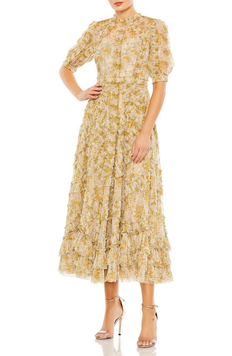 Mac Duggal Illusion High Neck Mesh Puff Sleeve Floral Print Dress, Main, color, Yellow Multi