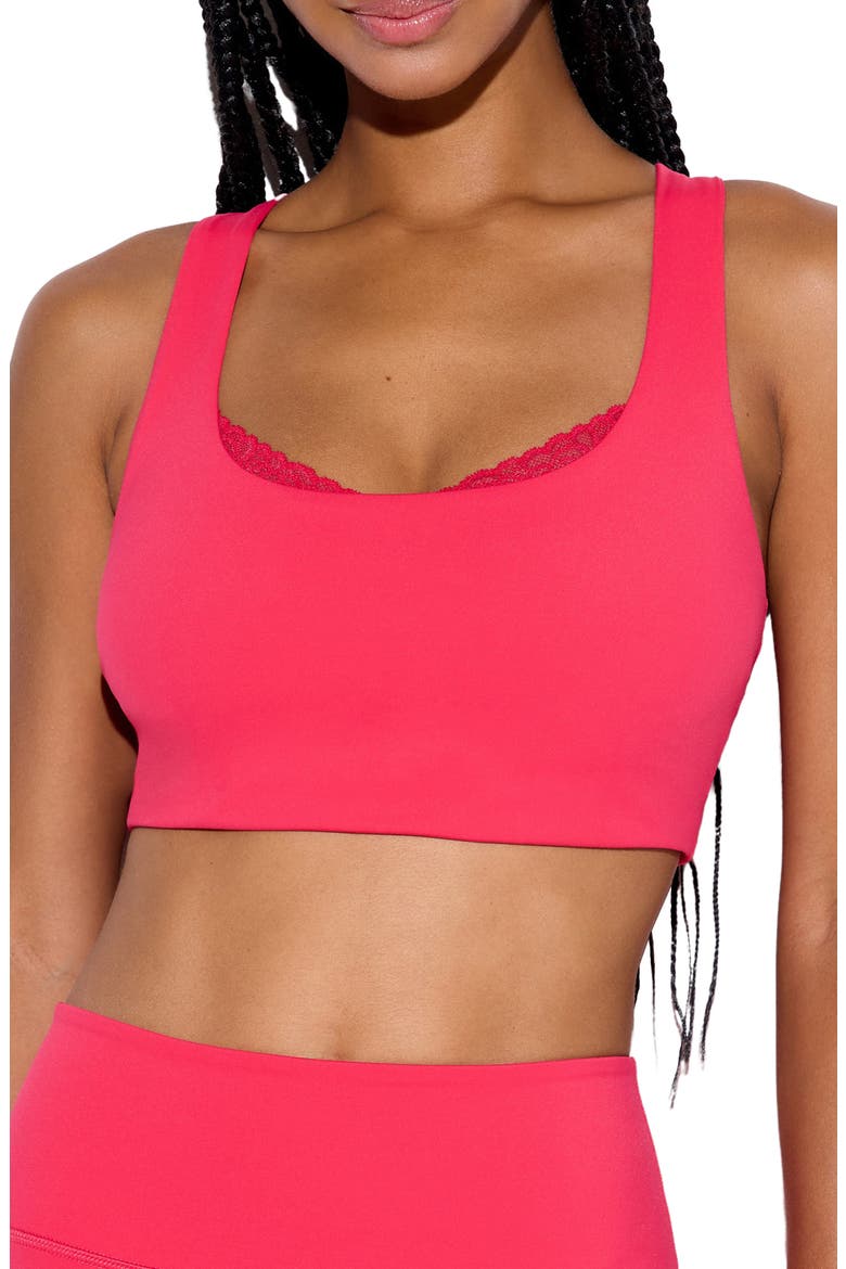 Harmony Lace Trim Racerback Sports Bra, Main, color, PASSION FLOWER