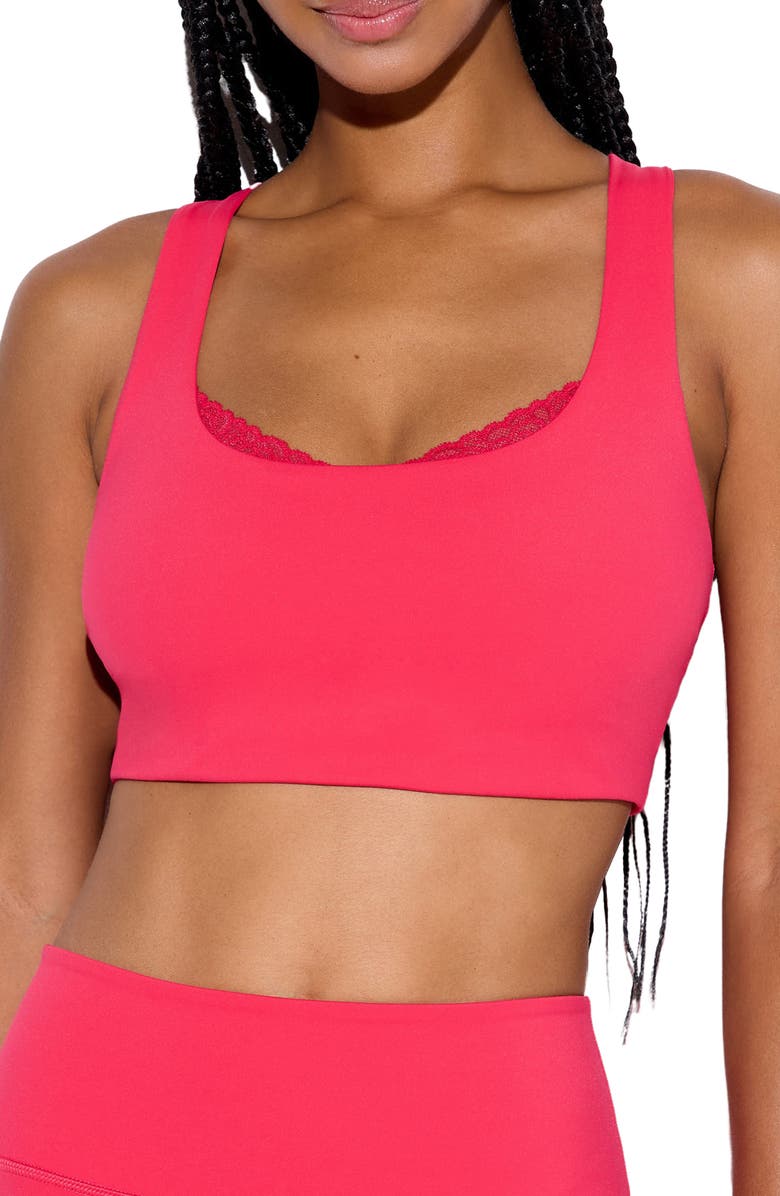 Spiritual Gangster Harmony Lace Trim Racerback Sports Bra, Main, color, Passion Flower