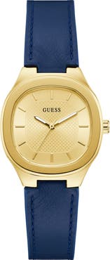 GUESS Square Goldtone Leather Strap Watch, 32mm
