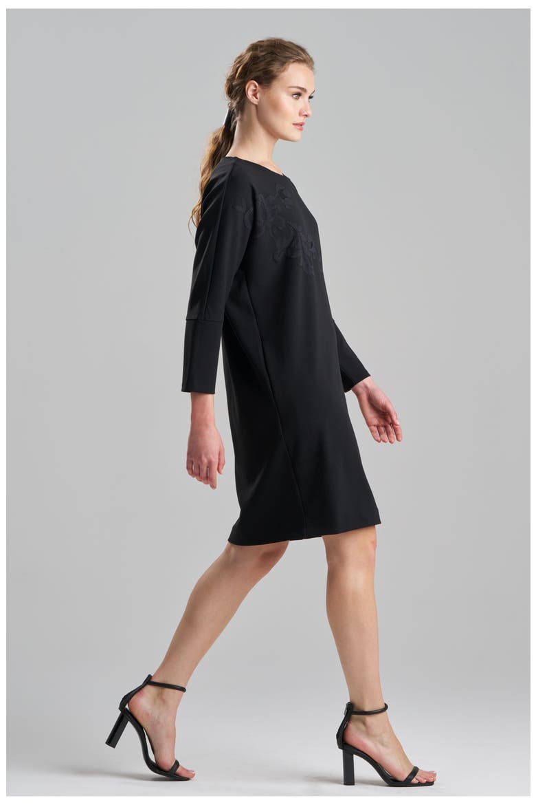 Scuba Crepe Wedge Dress w/Emb, Alternate, color, BLACK