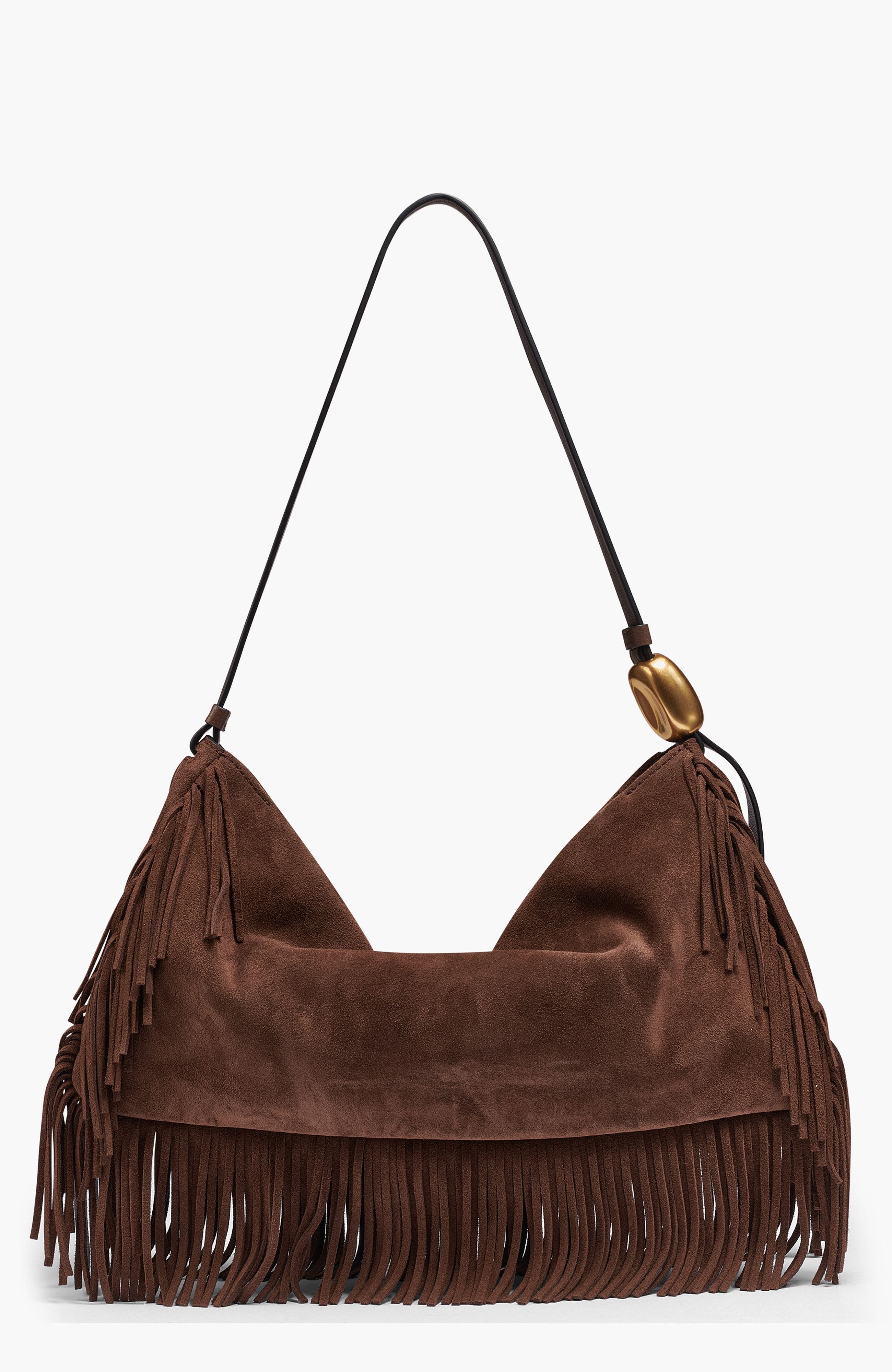 Donna Karan New York Velvet Suede Fringe Large Shoulder, Alternate, color, Chocolate