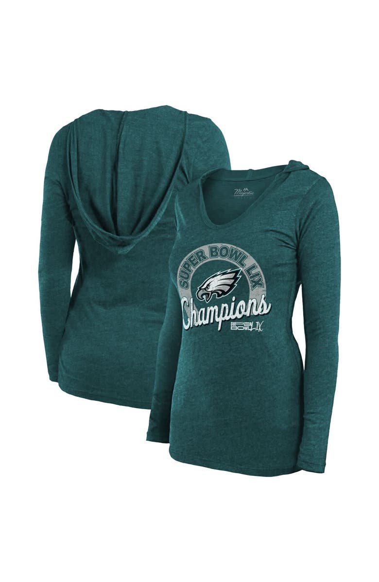 Majestic Threads Women's Majestic Threads  Midnight Green Philadelphia Eagles Super Bowl LIX Champions Hail Mary Tri-Blend V-Neck Long Sleeve Hoodie T-Shirt, Alternate, color, 
