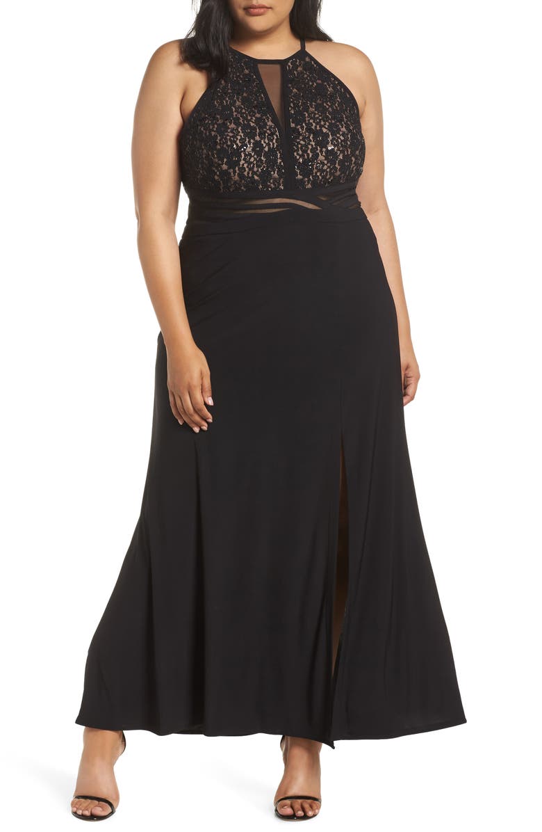 Morgan & Co. Illusion Inset Lace Bodice Gown, Main, color, 