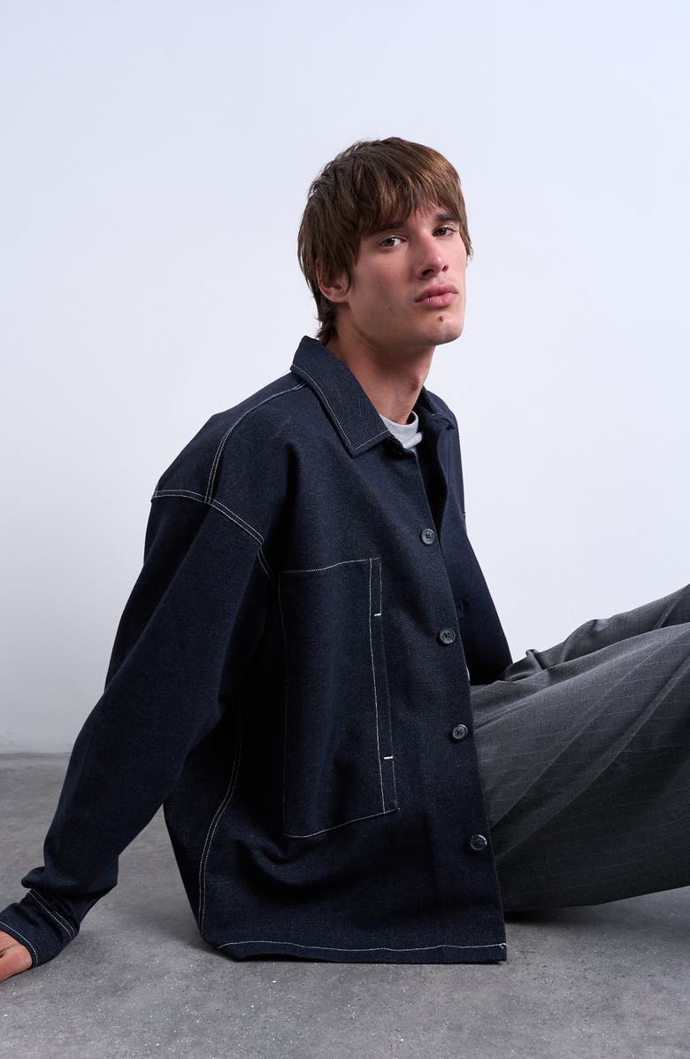 Topman Cotton Denim Jersey Shacket, Alternate, color, Navy