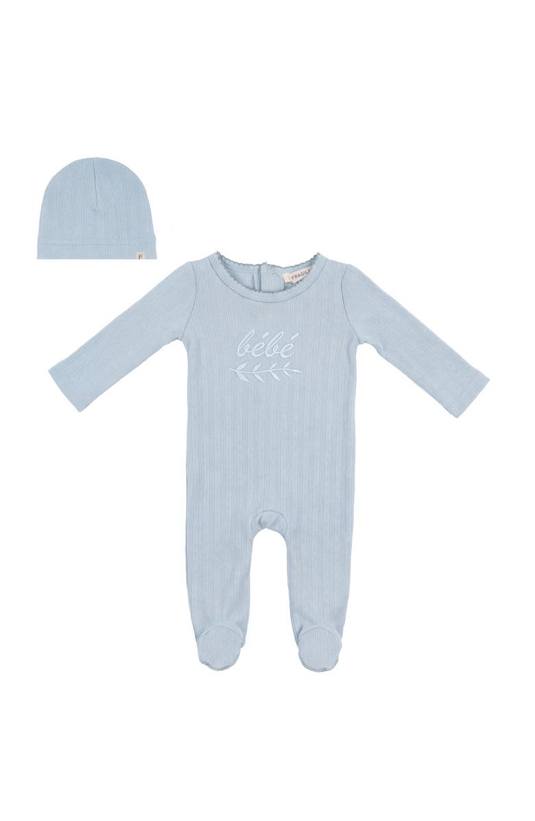 Fragile Boy Lace Rib Romper with Matching Hat, Main, color, Dusty Blue