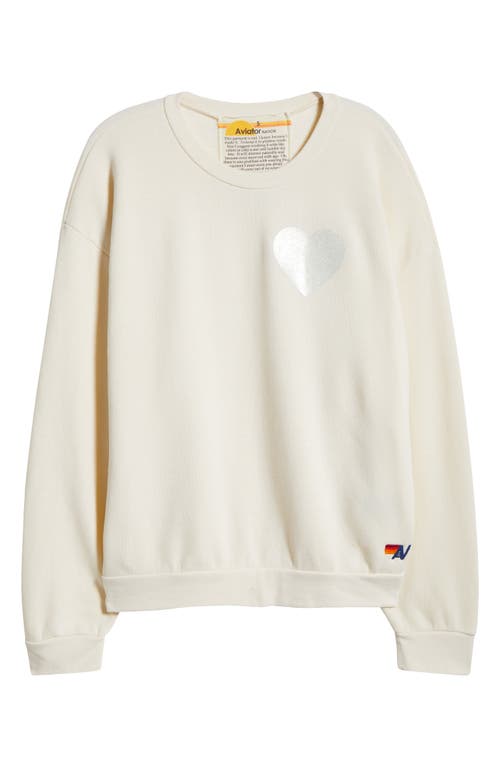 Aviator Nation Glitter Heart Crewneck Sweatshirt In Vintage White/silver