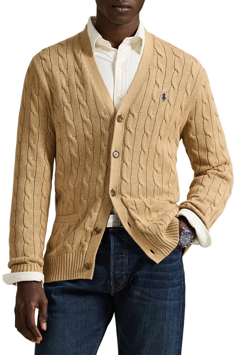 Cable Cotton Cardigan, Main, color, CAMEL MELANGE