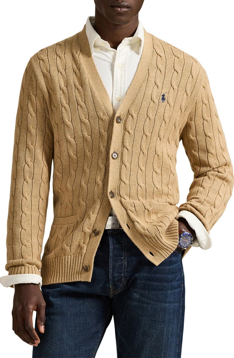 Polo Ralph Lauren Cable Cotton Cardigan, Main, color, Camel Melange