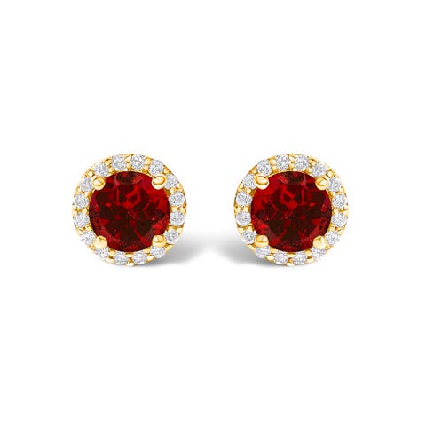 10K Gold Gemstone and 1/6 Cttw Diamond Halo Stud Earring