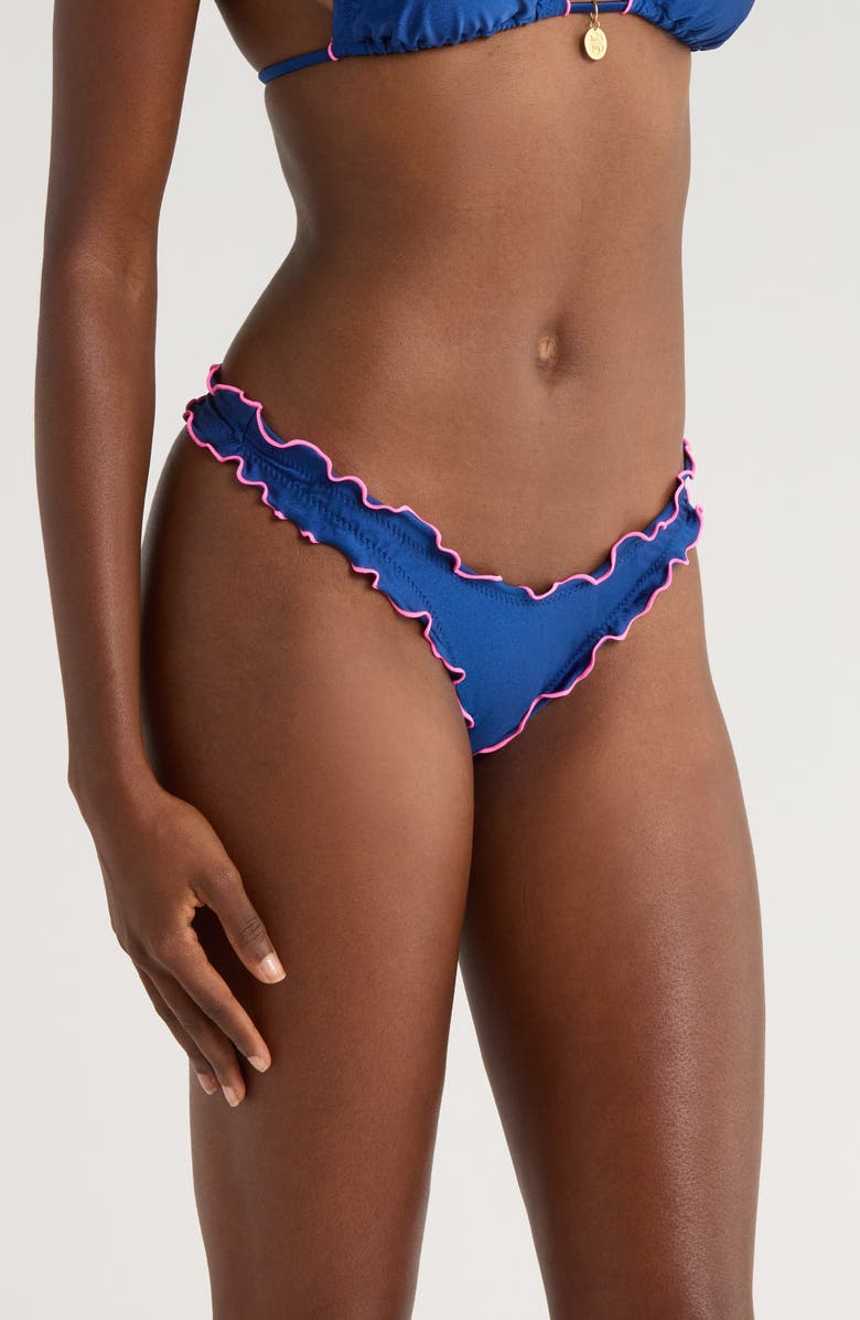 Kulani Kinis Lettuce Trim Thong Bikini Bottoms, Alternate, color, Mystic Moon