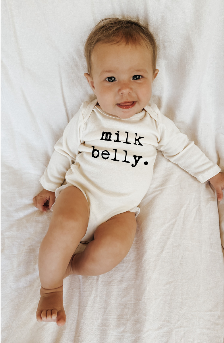 Tenth & Pine Milk Belly - Organic Long Sleeve Baby Bodysuit, Alternate, color, Natural Black Lettering
