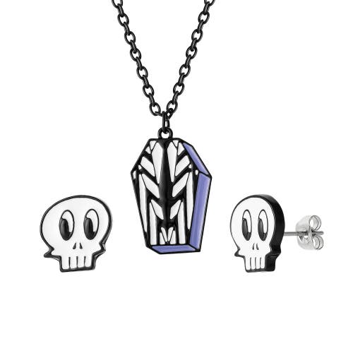 Beetlejuice Jewelry Set, Skull Stud Earrings And Coffin Necklace,16"+3" In Multi
