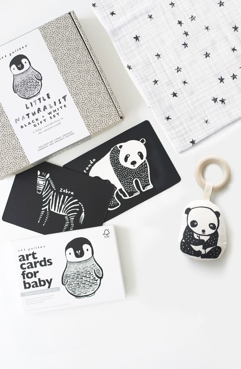 Wee Gallery Newborn Gift Set with Swaddle Blanket, Wooden Teether and Art Cards for Baby, Alternate, color, Panda