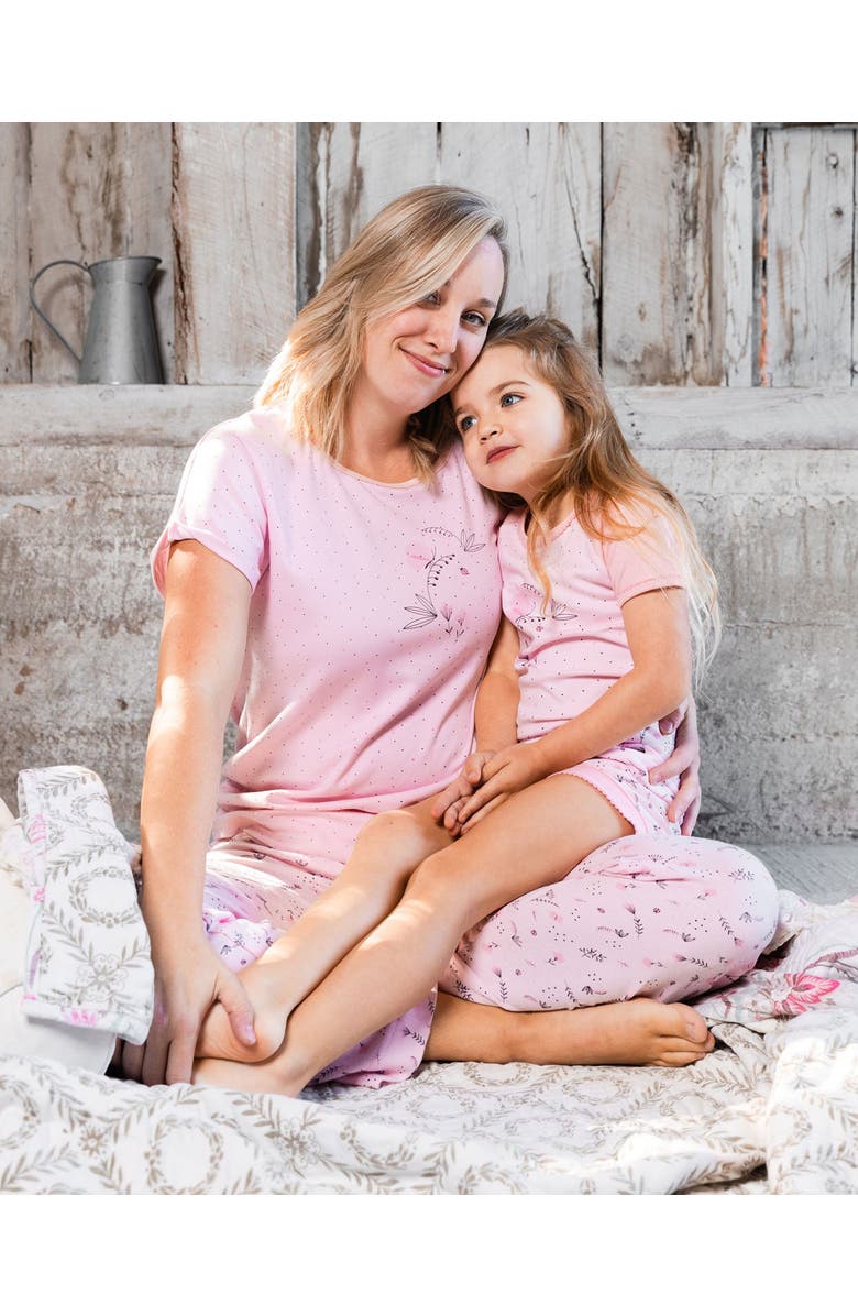 Deux par Deux Women's Women'S Printed Organic Cotton Two-Piece Pajama Set Small Pink Flowers On Pale Pink Background, Alternate, color, Pink Flowers On Pale Pink