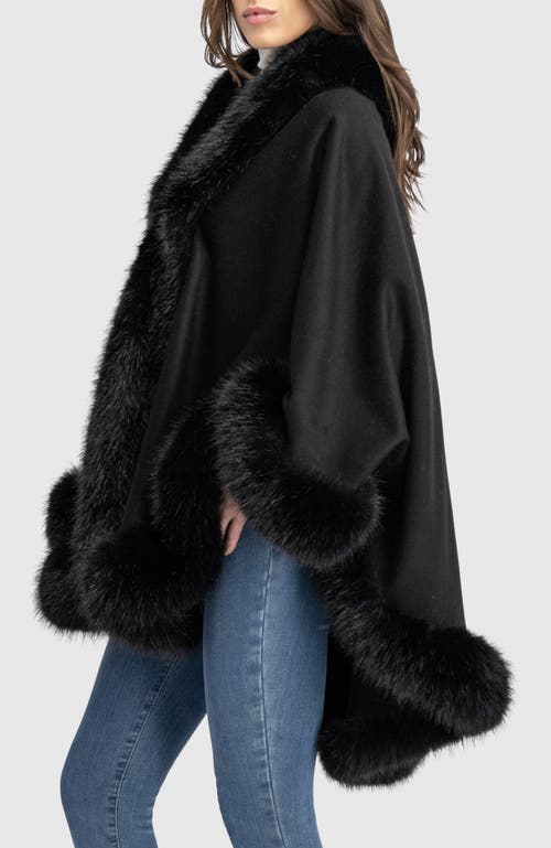 Lyla Grant Cashmere & Wool Blend Cape With Fur-free Fox (faux Fur) Trim In Black