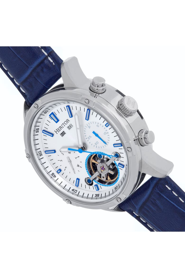 Wilhelm Day-Date Semi Skeleton Automatic Watch w/ Leather Band, Alternate, color, Blue