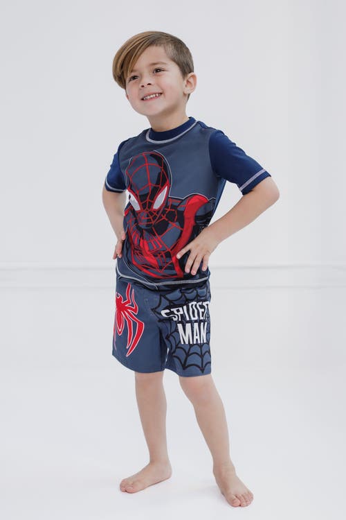 Marvel Short Sleeve Rash Guard & Swim Trunks In Blue