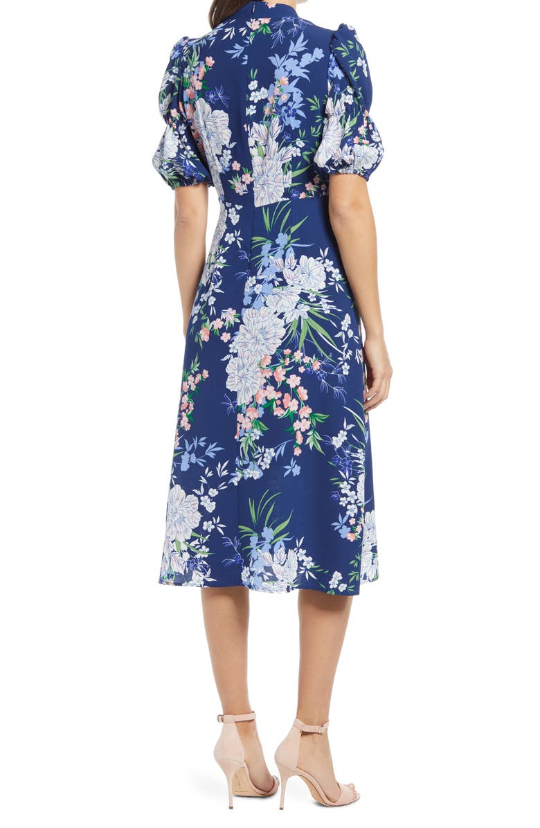 Vince Camuto Floral Puff Sleeve Pebble Crepe Midi Dress, Alternate, color, 