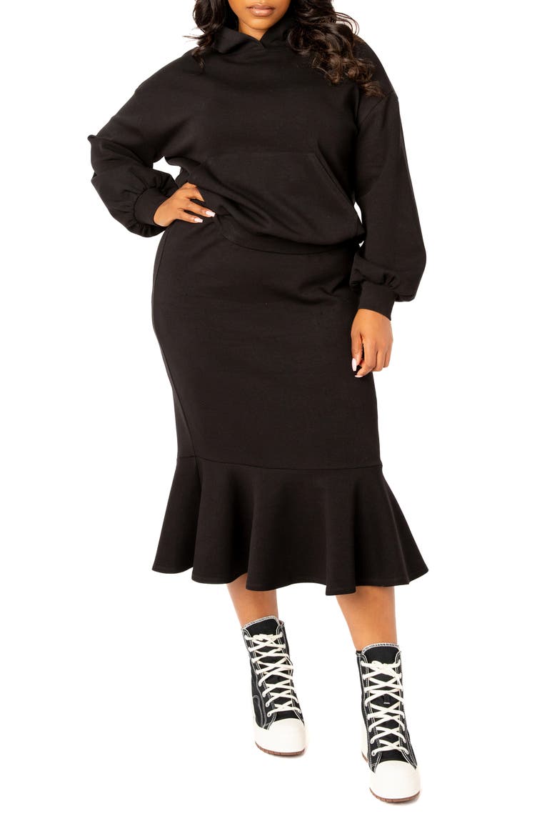 Scuba Knit Hoodie & Midi Skirt Set, Main, color, BLACK