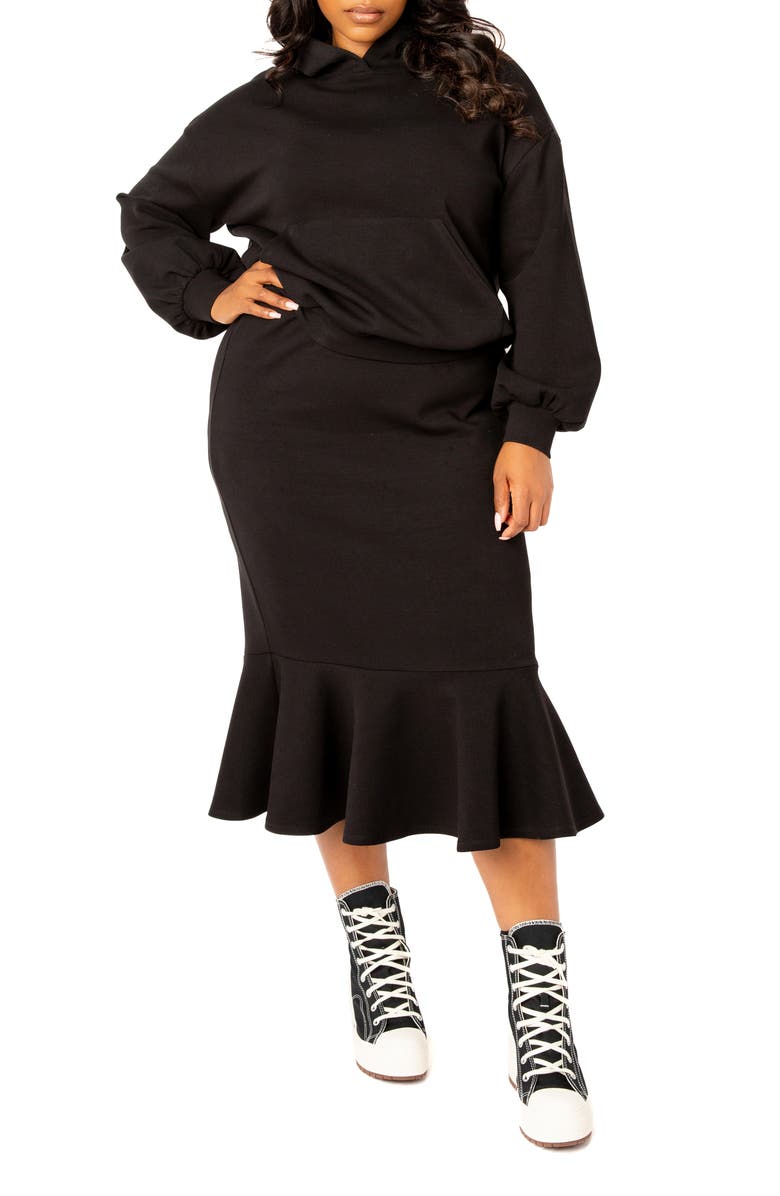 BUXOM COUTURE Scuba Knit Hoodie & Midi Skirt Set, Main, color,