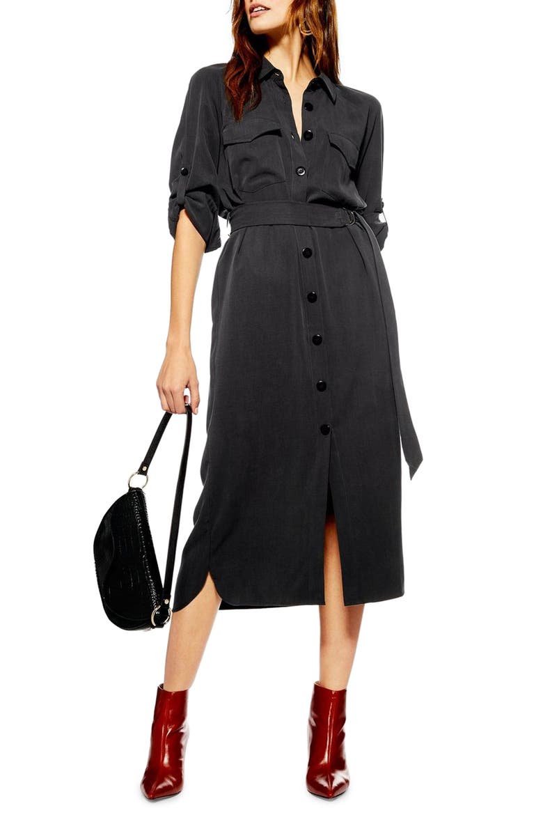 Utility Midi Shirtdress, Main, color, BLACK