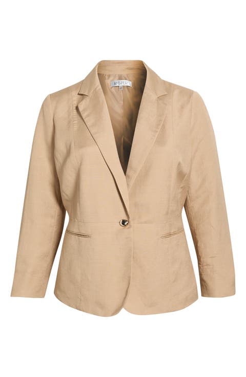 One-Button Linen Blend Peplum Blazer (Plus)