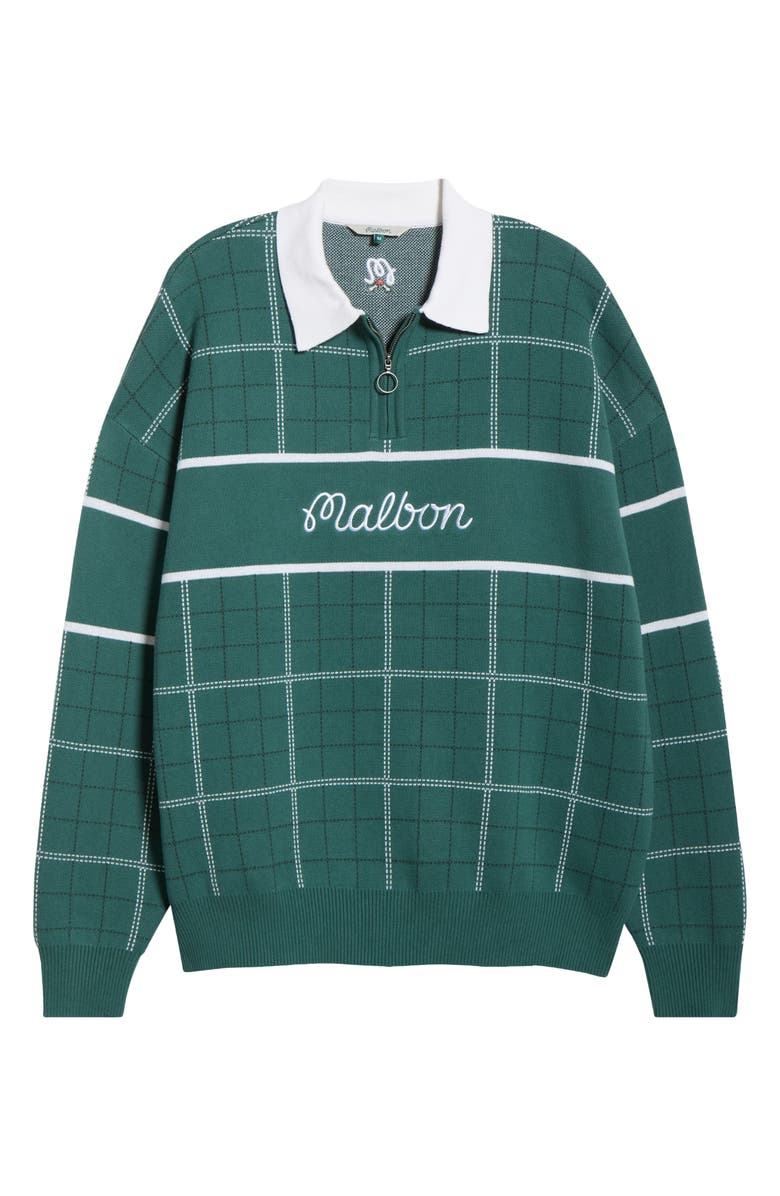 Malbon Golf Bennett Plaid Cotton Zip Polo Sweater, Main, color, Hunter Green