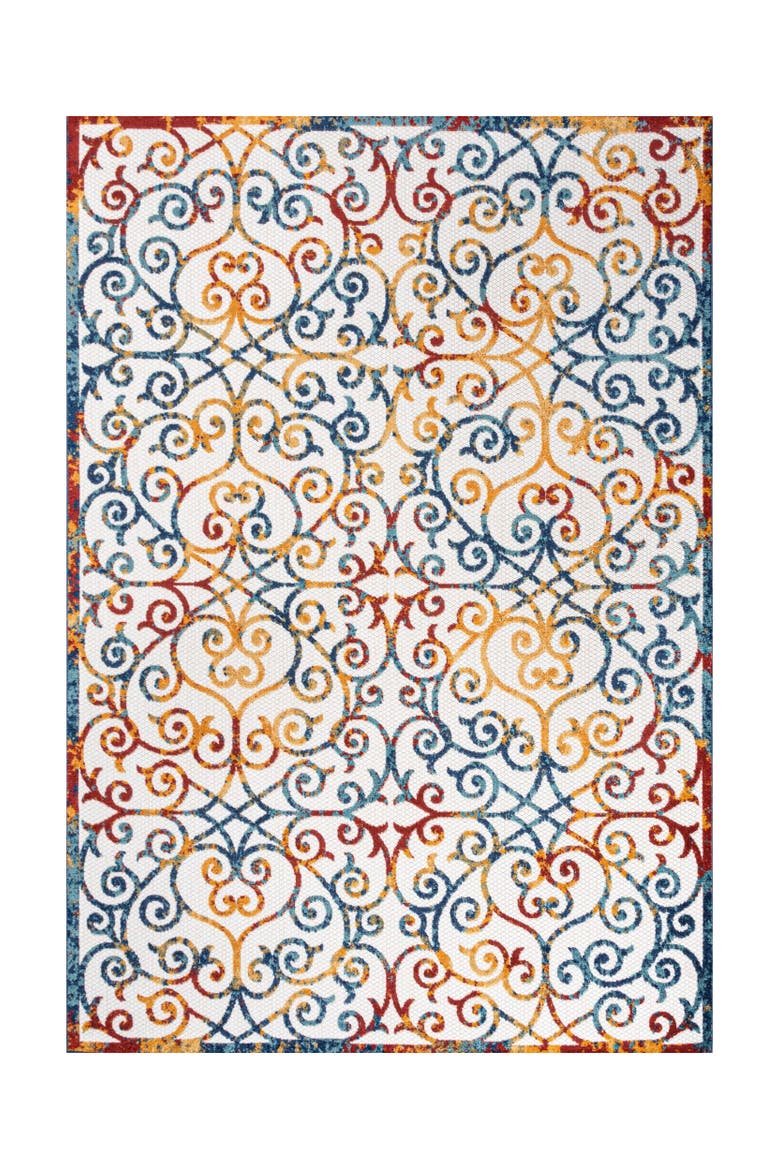 Atrani Scroll Trellis Indoor/Outdoor Area Rug, Main, color, Cream/Blue/Red