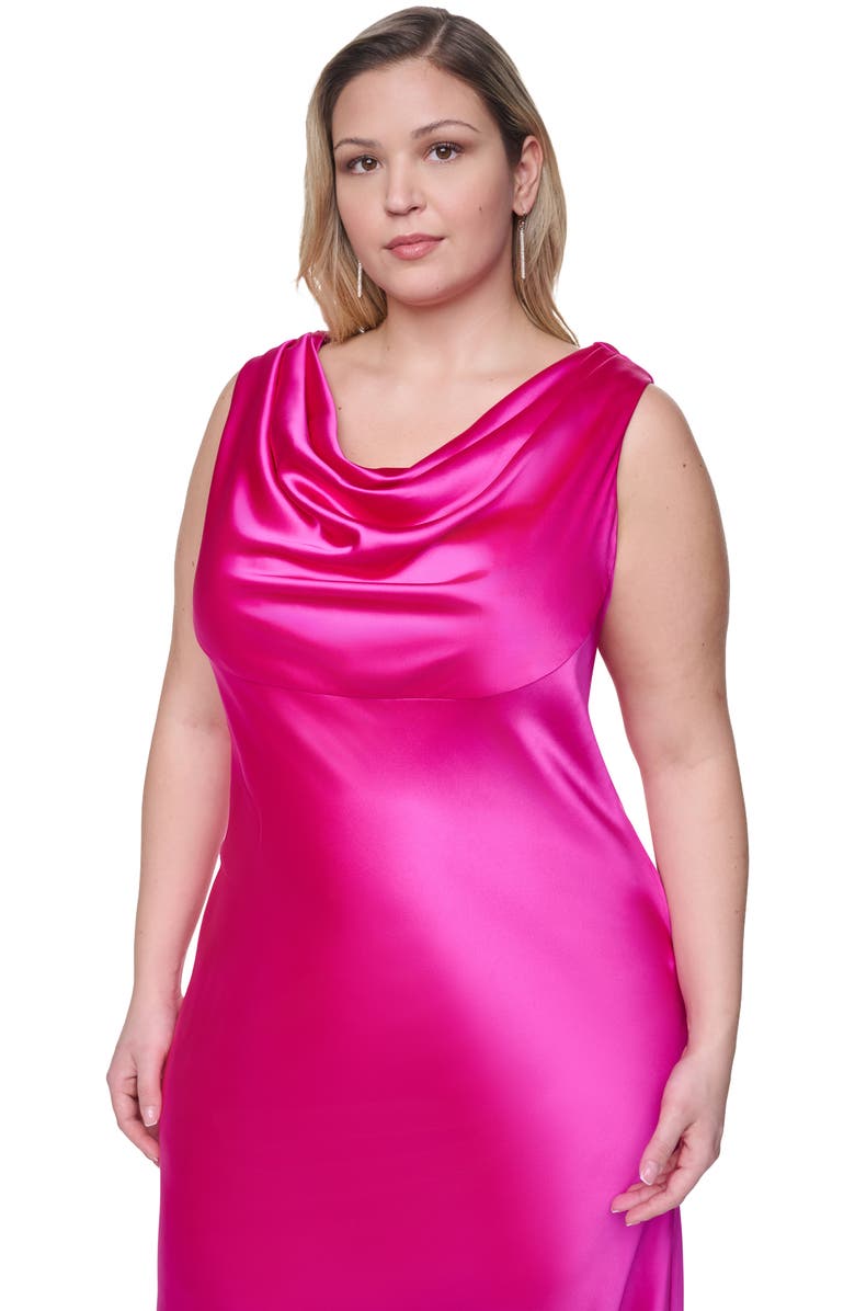 Eliza J Cowl Neck Sleeveless Satin Gown, Alternate, color, Fuchsia