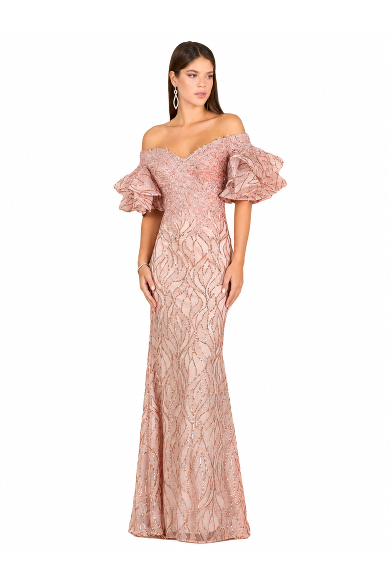 Off Shoulder Mermaid Beaded Gown with Tiered Sleeves, Main, color, Rose Gold
