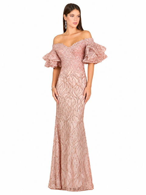 Off Shoulder Mermaid Beaded Gown with Tiered Sleeves