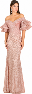 LARA New York Off Shoulder Mermaid Beaded Gown with Tiered Sleeves
