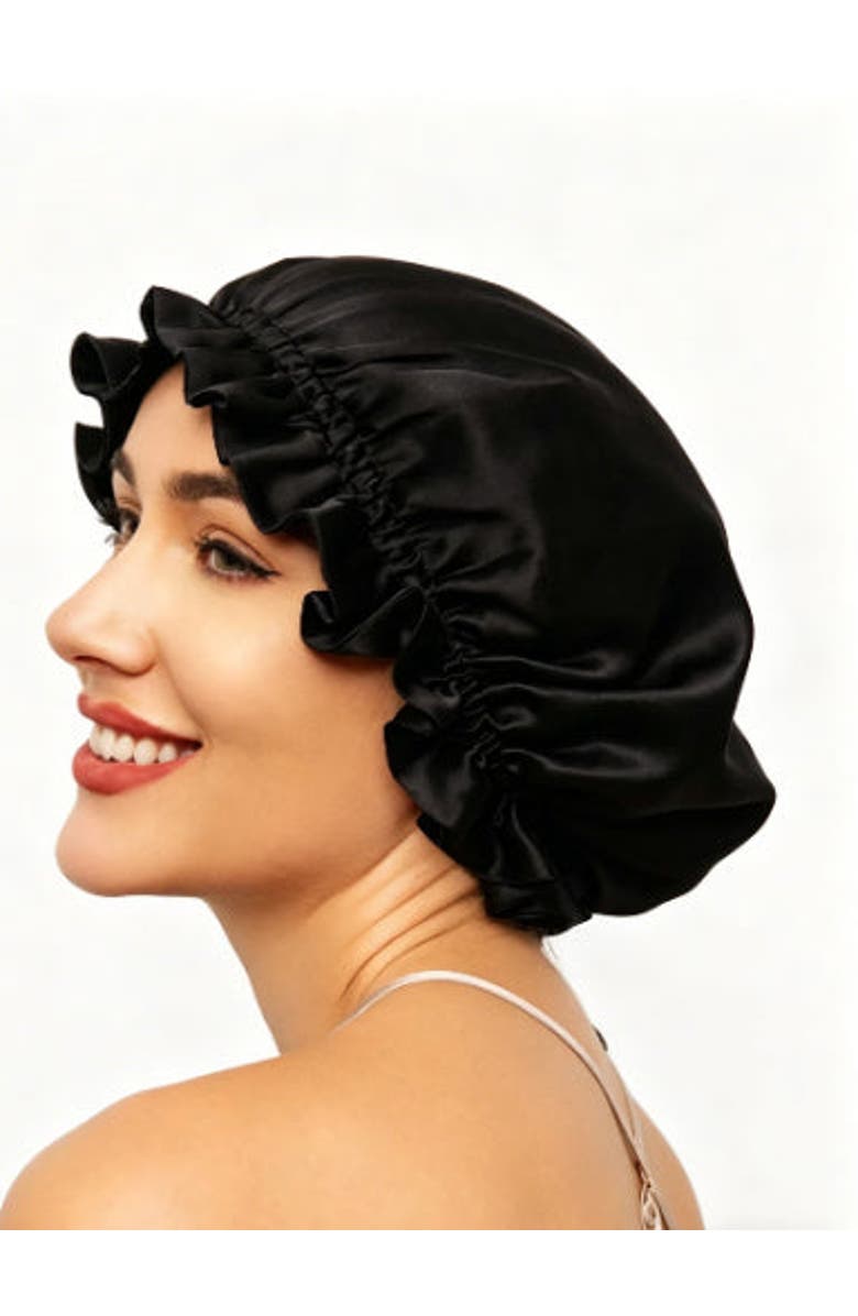 SILKSILKY Pure Silk Double Layer Bonnet with Ribbon, Alternate, color, Black