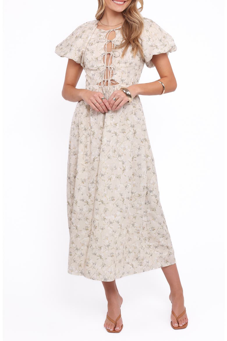 Kathleen Puff Sleeve Tie Front Maxi Dress, Main, color, LIGHT BEIGE/GREEN FLORAL