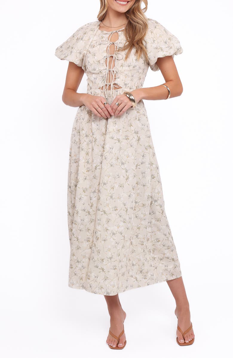 Petal & Pup Kathleen Puff Sleeve Tie Front Maxi Dress, Main, color, Light Beige/Green Floral