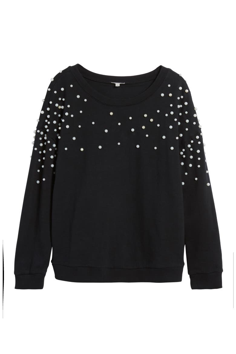 PEARL DETAIL SWEATSHIRT, Alternate, color, BLACK