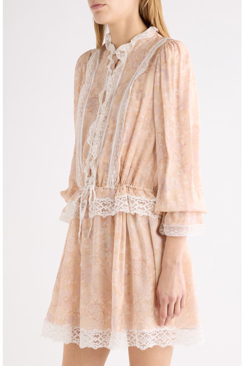 Floral Long Sleeve Silk Charmeuse & Lace Minidress, Alternate, color, MULTICOLOR PINK 1
