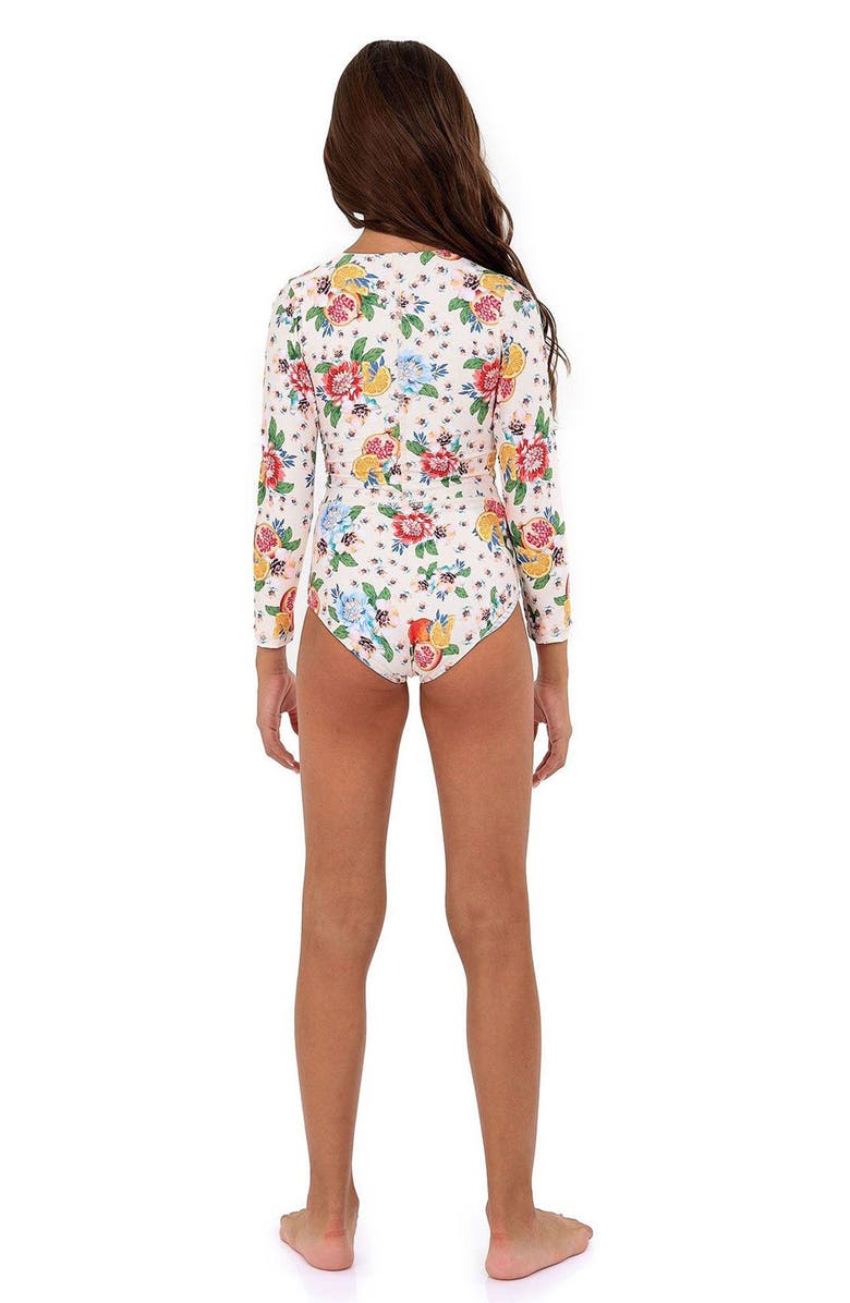 Agua Bendita Kids' Jesse Basket Long Sleeve One-Piece Rashguard Swimsuit, Alternate, color, White Multi
