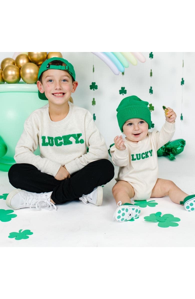 Sweet Wink Lucky Varsity Patch St. Patrick's Day Long Sleeve Romper, Alternate, color,