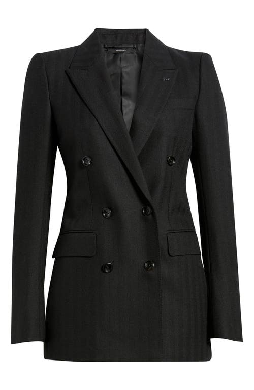 Tom Ford Sharp Herringbone Double Breasted Virgin Wool Jacket In Black