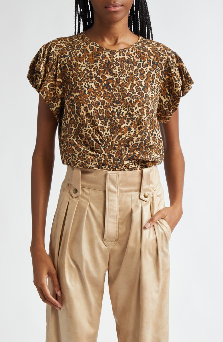 Isabel Marant Tullya Gathered Leopard Print Stretch Silk Top, Main, color, 