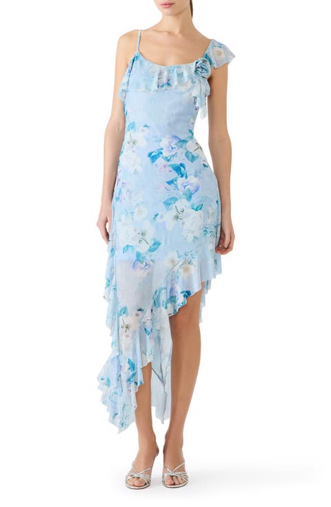 Sorellia Floral Print Asymmetric Ruffle Dress